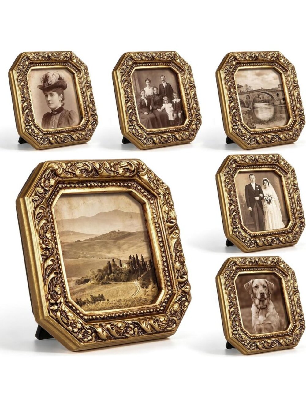 6 Vintage Octagon Picture Frames, Small 2.5x3.5 Wallet Size, Home Decor